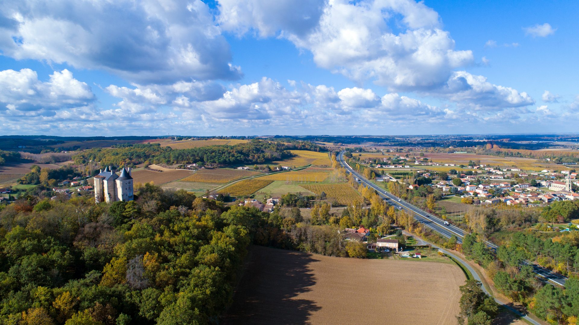 Aerial view of Buzet sur Baise village and castle