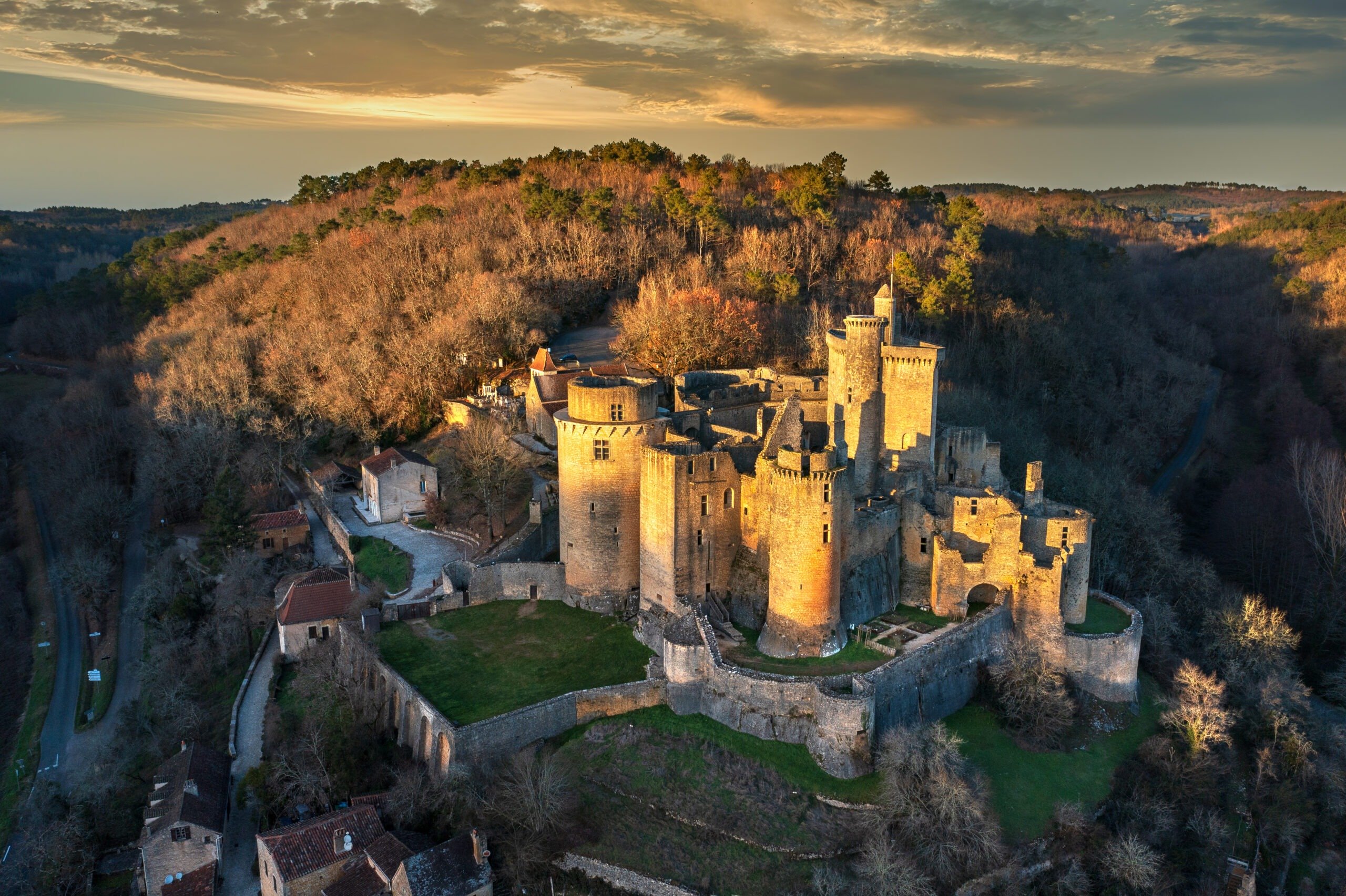 aerial view, from the fortified castle of Bonaguil, Lot-et-Garonne, France.