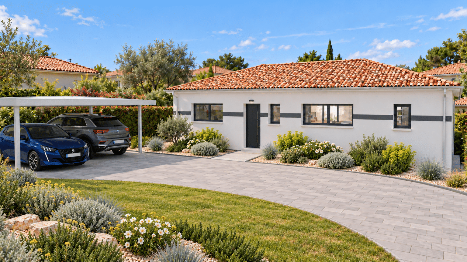 façade avant modèle de maison rectangle, tuiles terre cuite