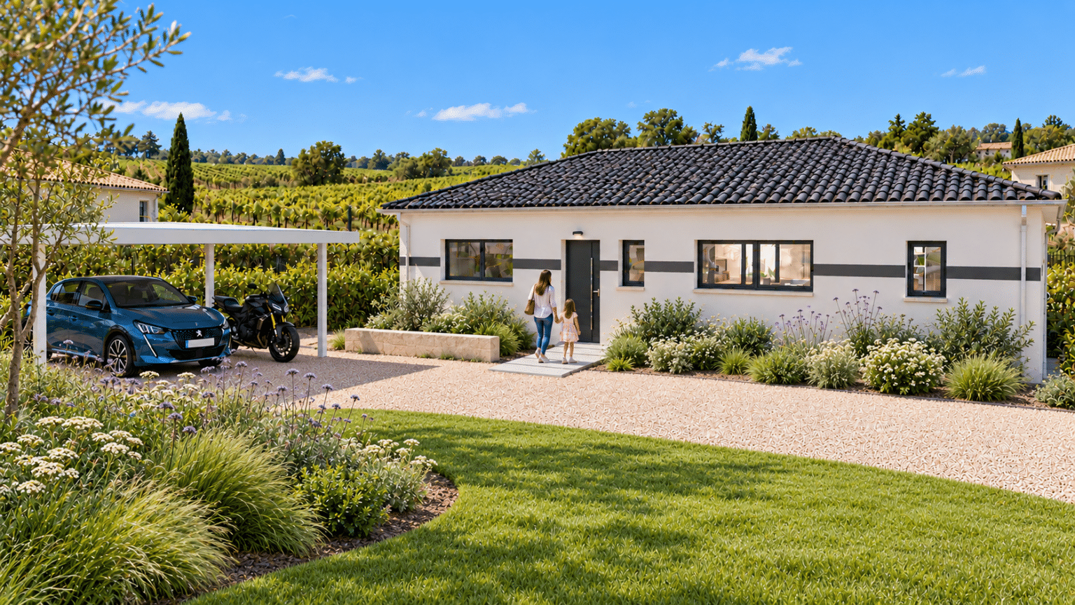façade avant modèle de maison rectangle, tuiles noires