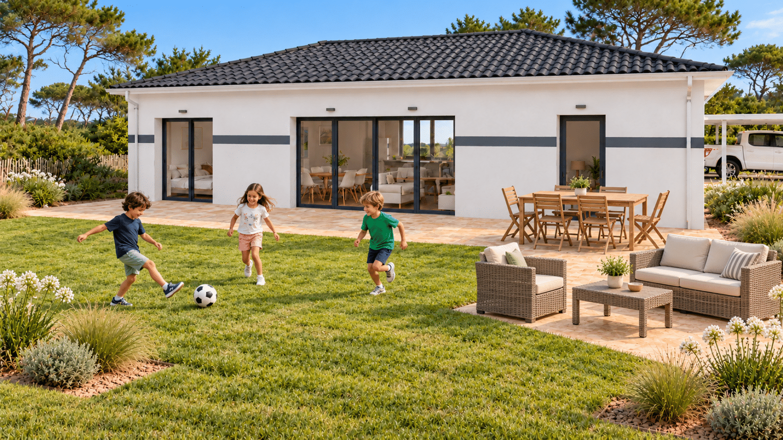 façade arriere modèle de maison rectangle, tuiles noires