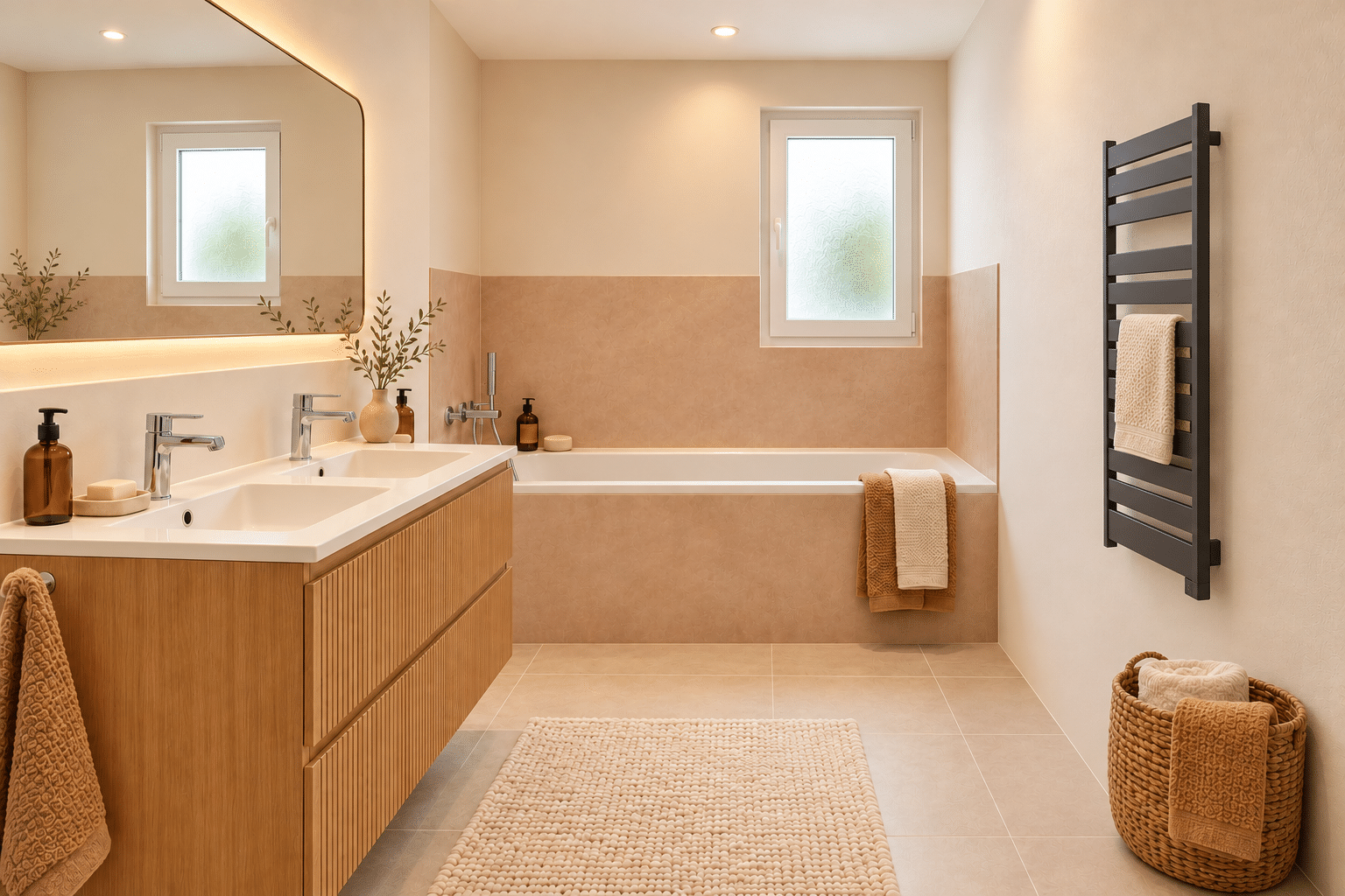 Salle de bains lumineuse avec sèche-serviettes anthracite