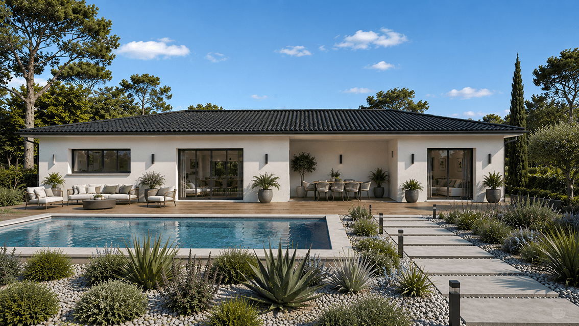 modèle Oslo avec toiture tuiles noires et grande piscine