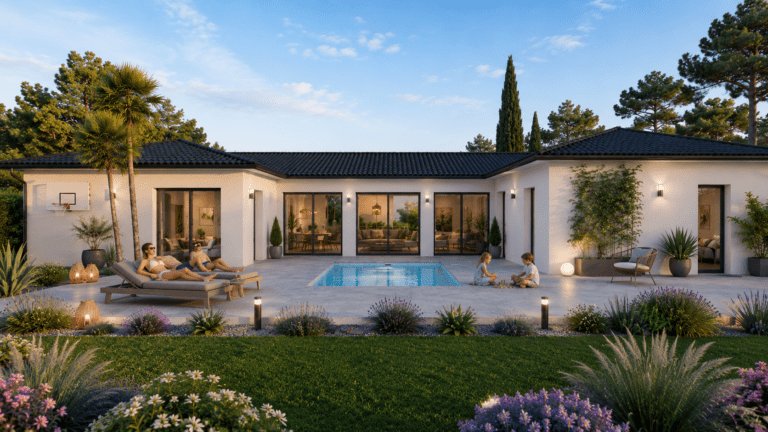 modele de maison rio avec tuiles noires. vue debut de soiree