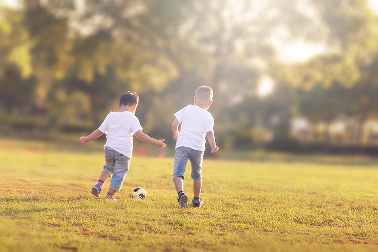 brothers kicking football in lawn