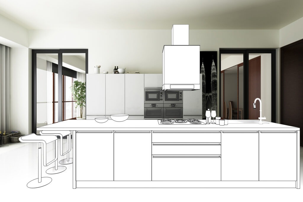 CG visualization of a modern kitchen. 3D scene, not a real interior
