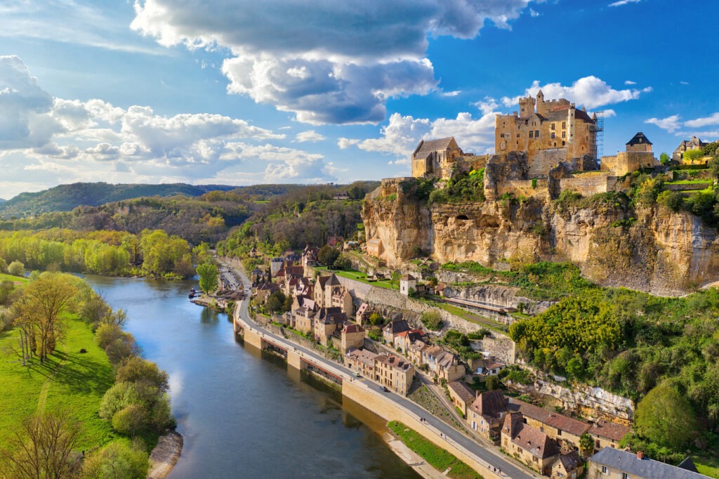 an aerial view, from the village of beynac-et-cazenac, dordogne, France.