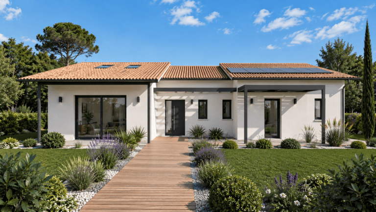 modele de maison cosmos, vue arriere, toiture tuiles terre cuite