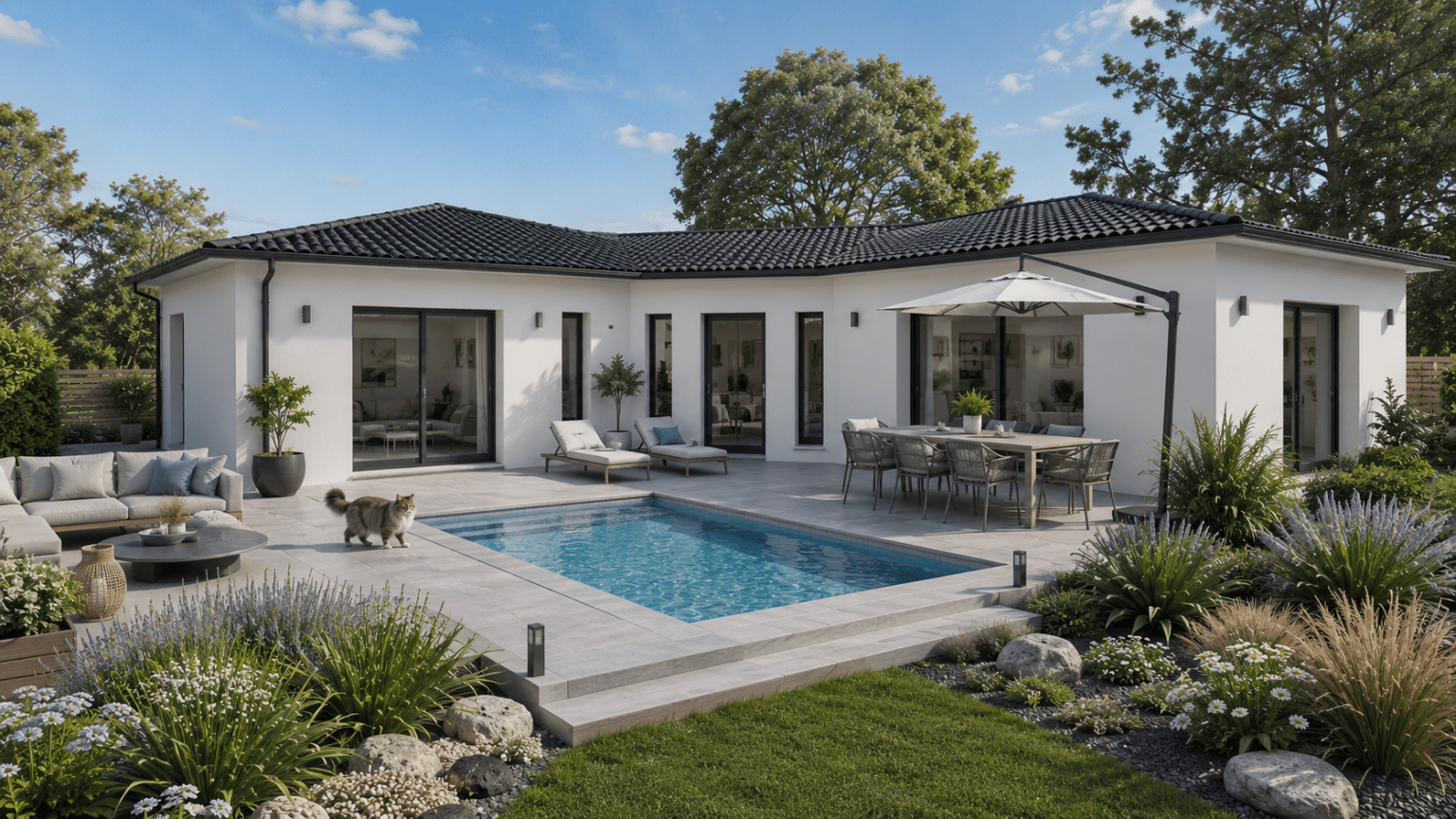 modele de maison vienne, vue arriere, toitures tuiles noires