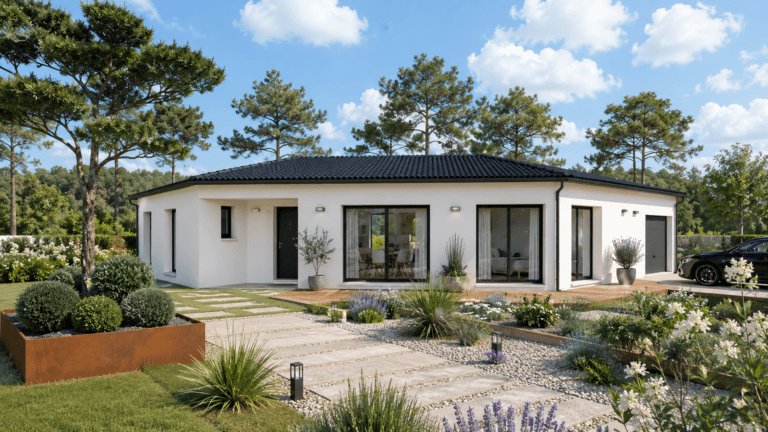 modele de maison vienne, vue avant, toiture tuiles noires.