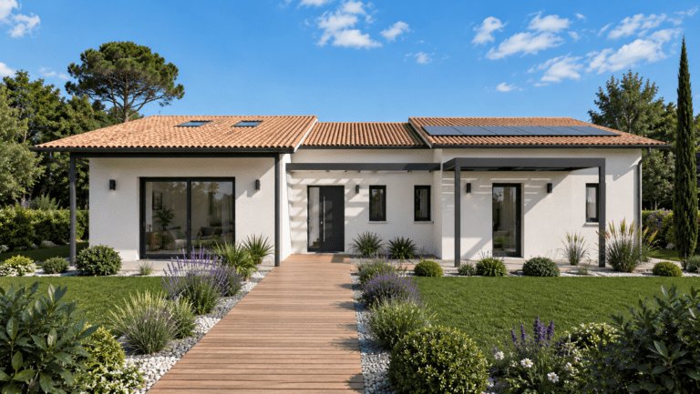 modele de maison cosmos, vue arriere, toiture tuiles terre cuite