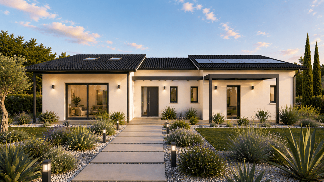 Vue avant du modèle de maison Cosmos avec toiture tuiles noires et panneaux solaires en surimpression