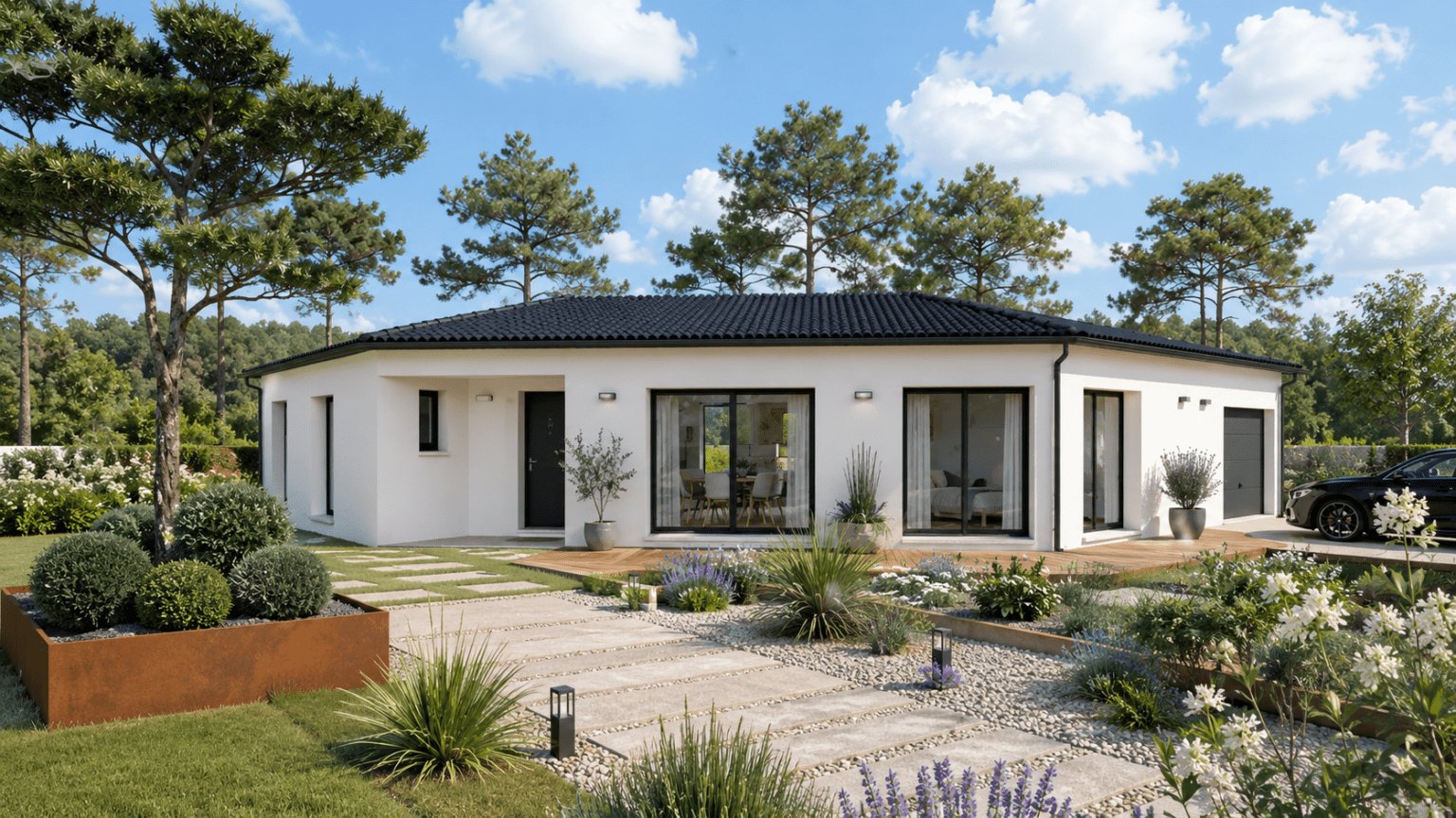 modele de maison vienne, vue avant, toiture tuiles noires.