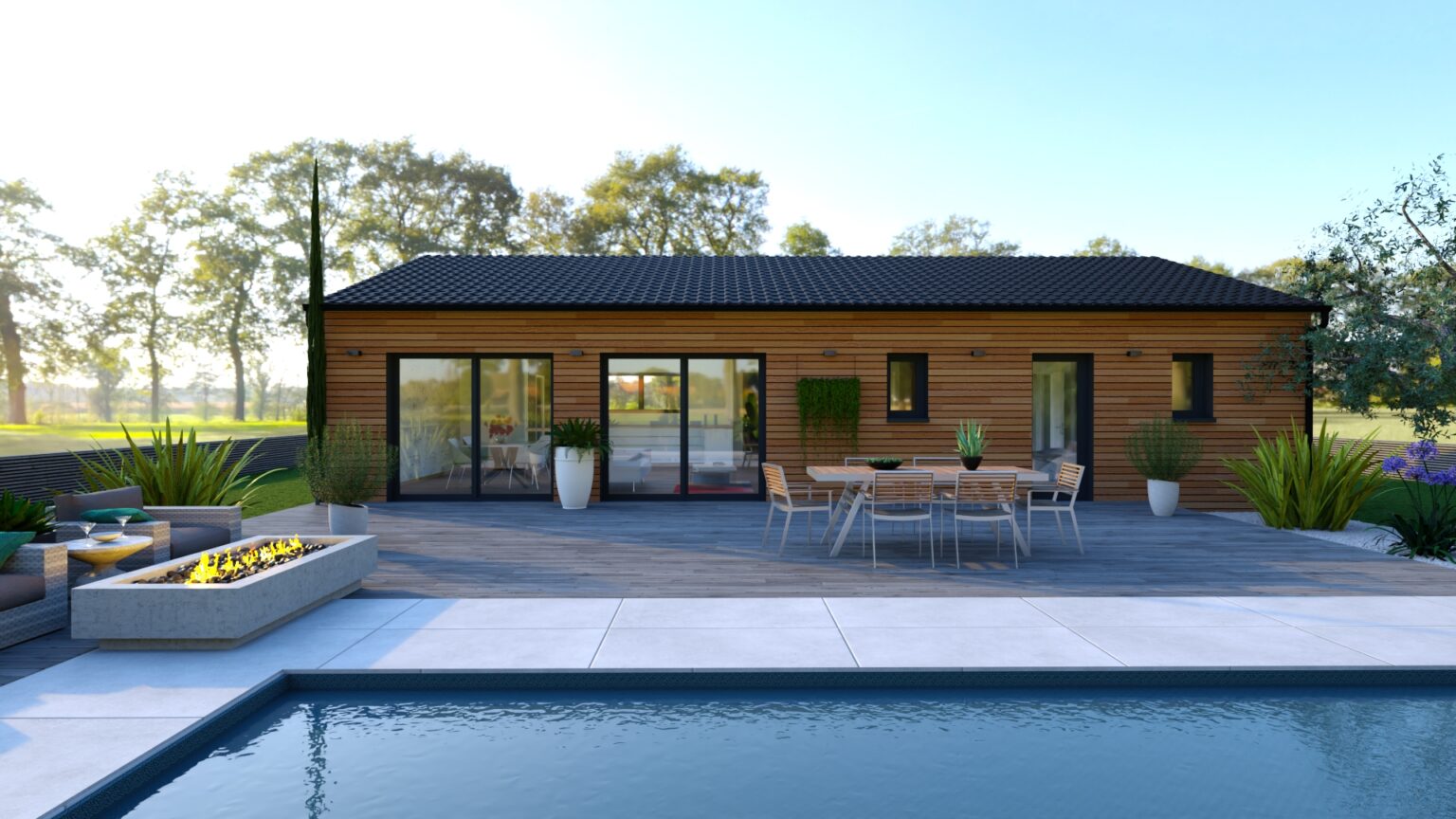Modèle de maison Epicéa, vue arrière, tuiles foncées
