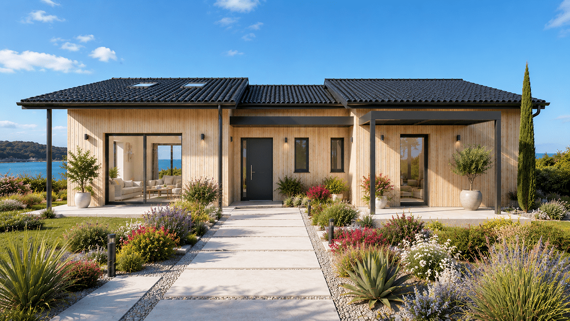 modèle de maison Olivier. Barage bois et toiture tuiles noires