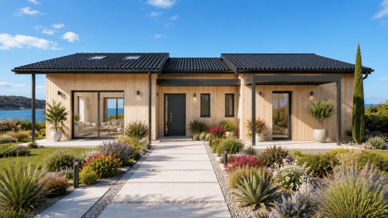 modele olivier, maison ossature bois, vue arrière, toiture tuiles noires