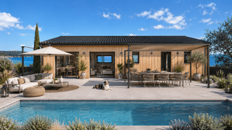 modele epicea, maison ossature bois, toiture tuiles noires