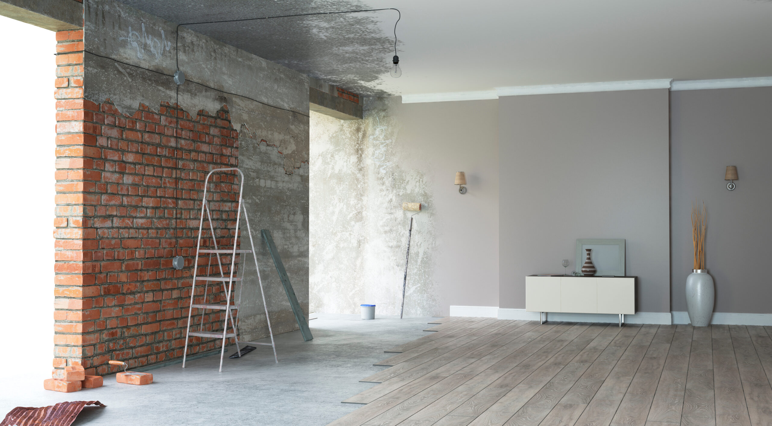 Renovation interior with bright windows. 3D render