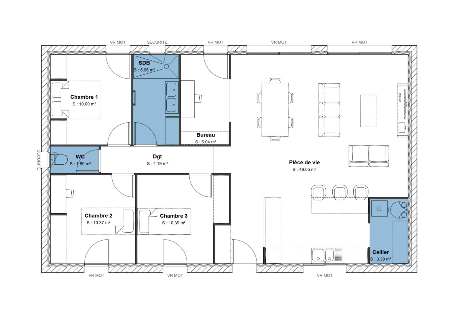 100 m² - 3 ch + bureau