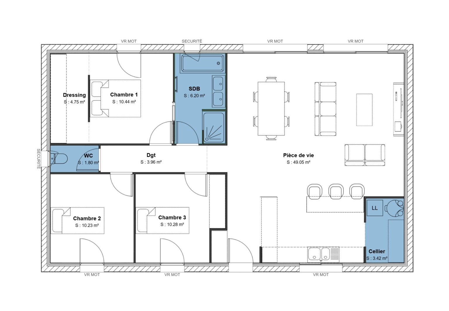 100 m² - 3 ch + dressing XL