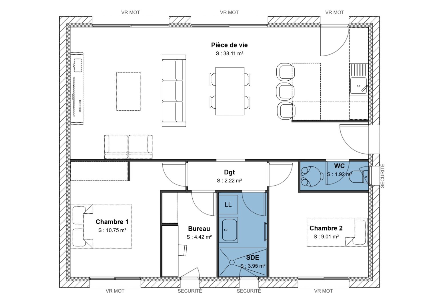 70 m² - 2 ch + bureau - Horizontale