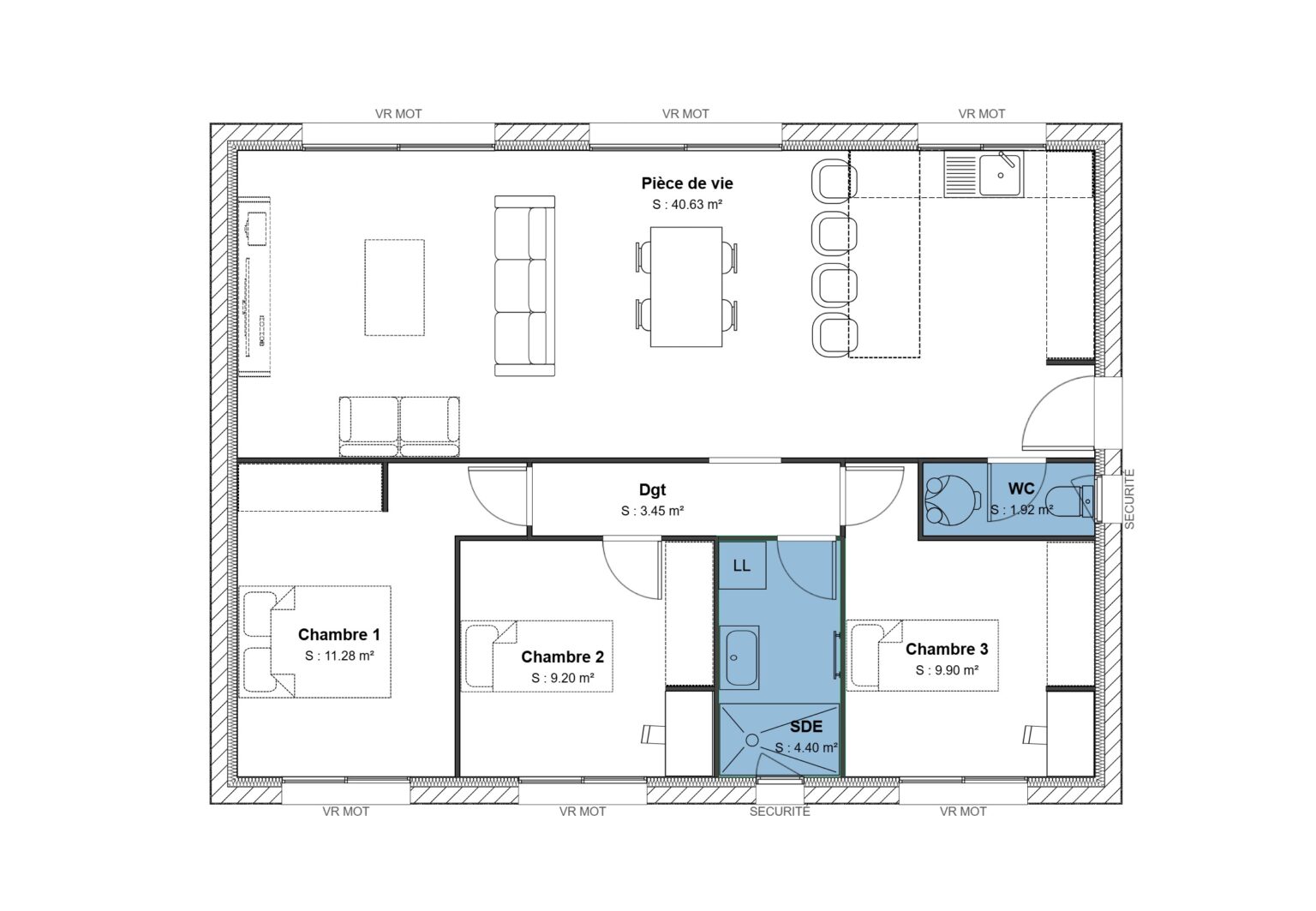80 m² - 3 ch - Horizontale