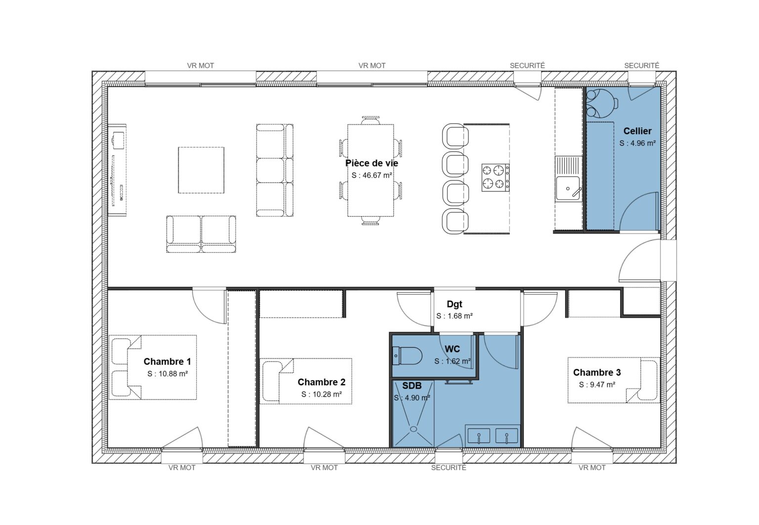 90 m² - 3 ch - Horizontale