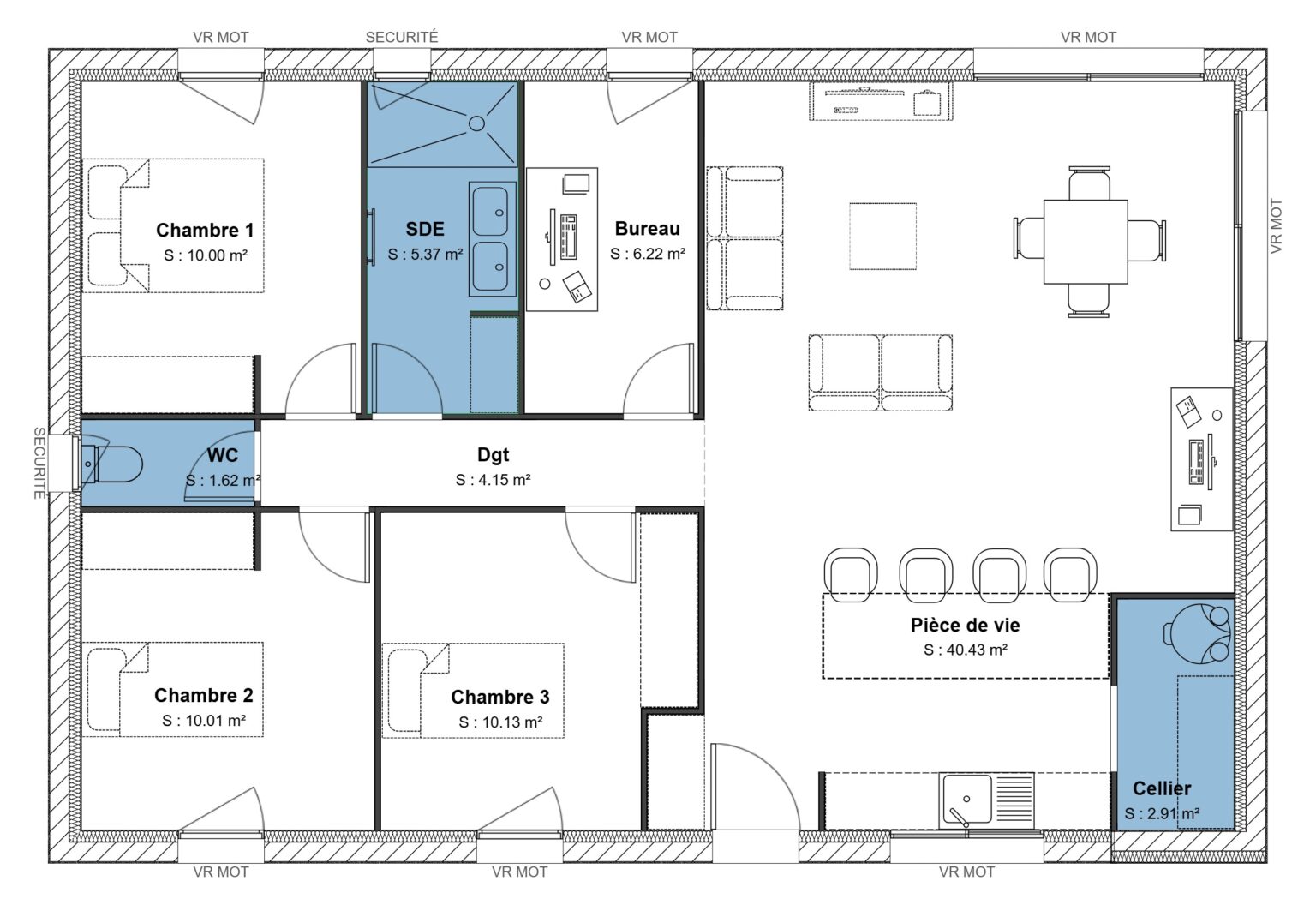 90 m² - 3 ch + bureau