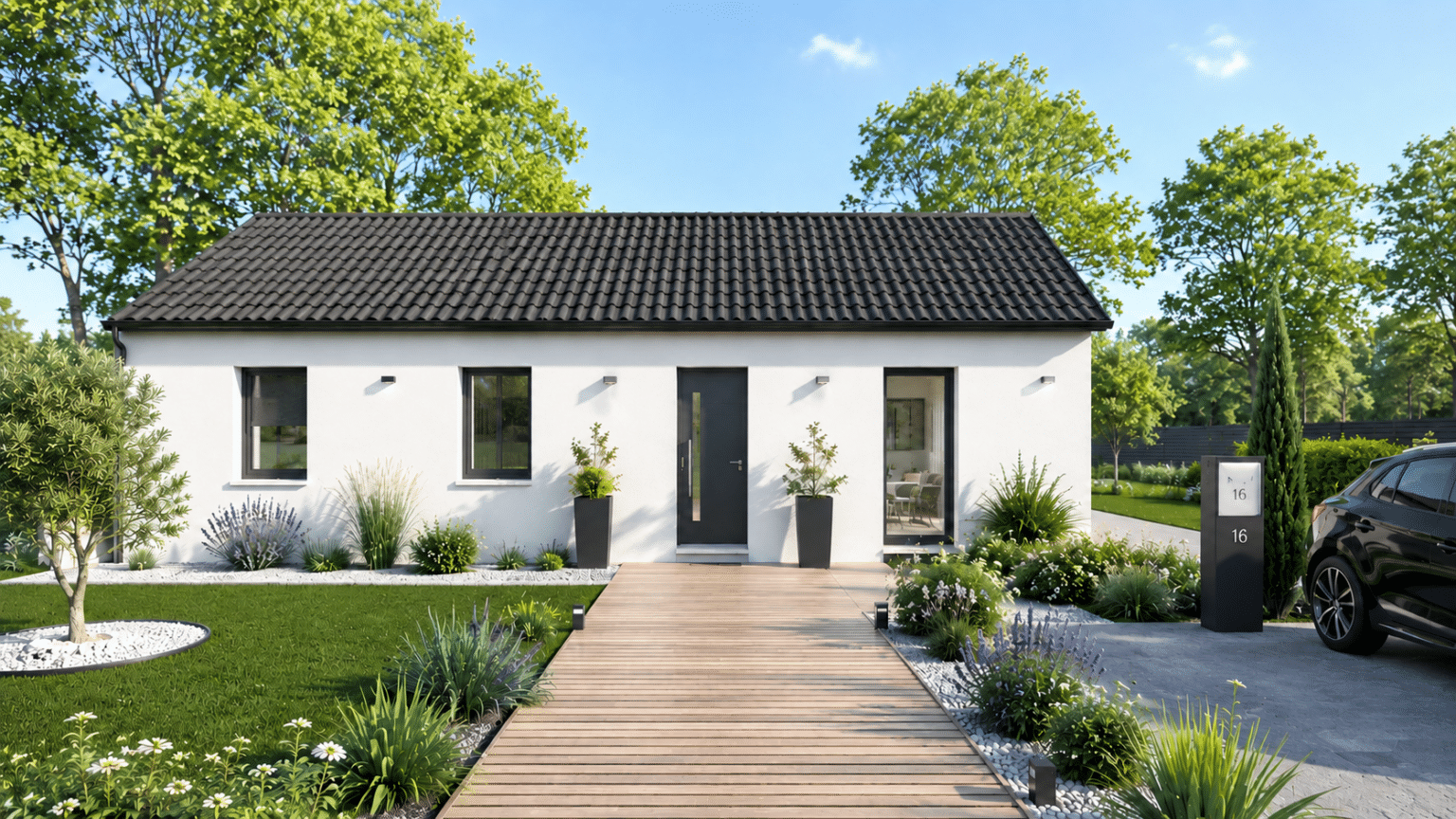 façade avant du modèle de maison POP ! 80 m2, tuiles noires