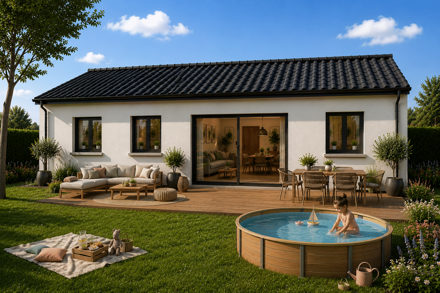 façade arrière du modèle de maison POP ! 80m2, toiture tuiles noires