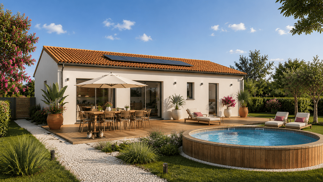 Modèle de maison POP !, 100 m2, toiture tuiles terre cuite et panneaux solaires en surimpression. Vue arrière