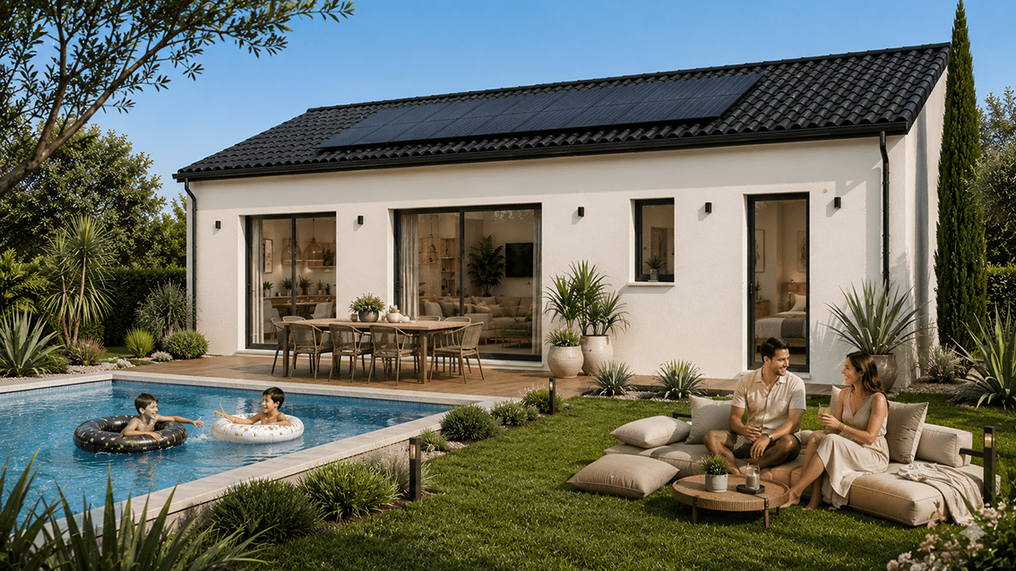 Modèle de maison POP !, 100 m2, toiture tuiles noires et panneaux solaires en surimpression