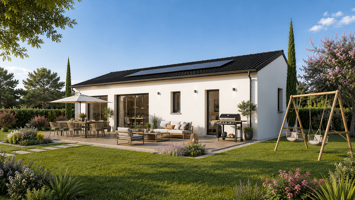 Modèle de maison POP !, 100 m2, toiture tuiles noires et panneaux solaires en surimpression. Vue arrière donnant sur le jardin
