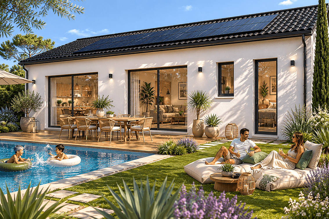 Modèle de maison POP !, 100 m2, toiture tuiles noires et panneaux solaires en surimpression. Vue arrière