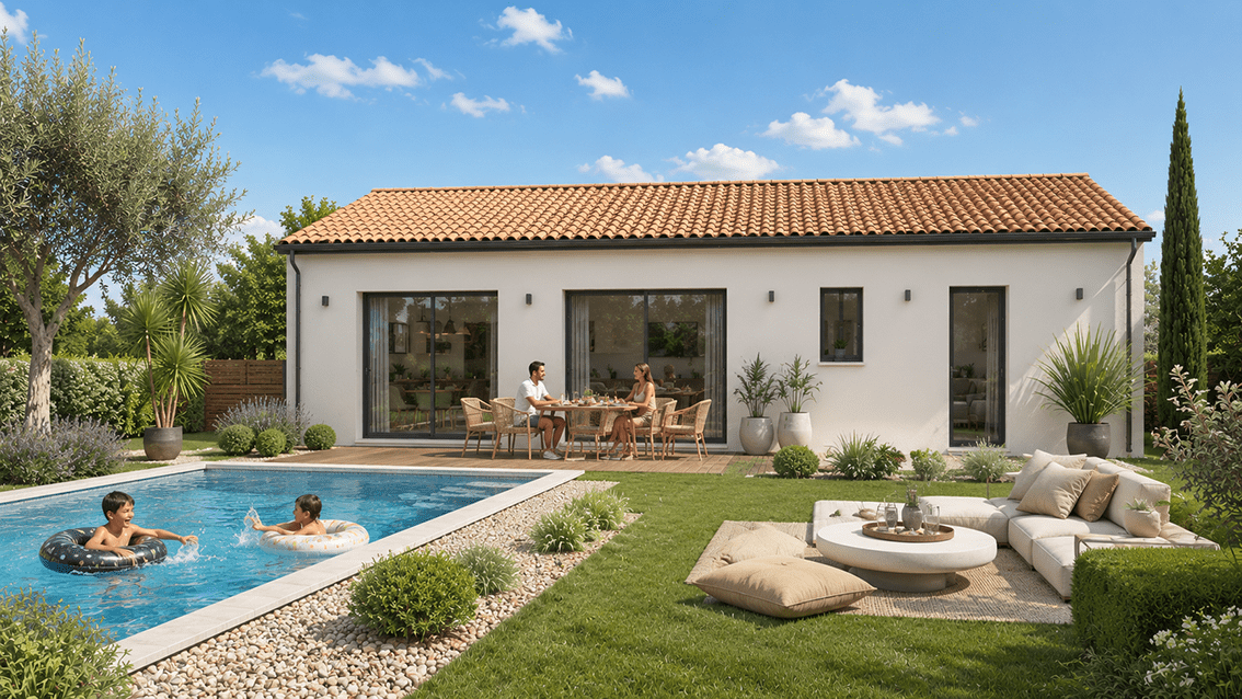 Modèle de maison POP !, 77 m2, toiture tuiles terre cuite. Vue arrière donnant sur la piscine