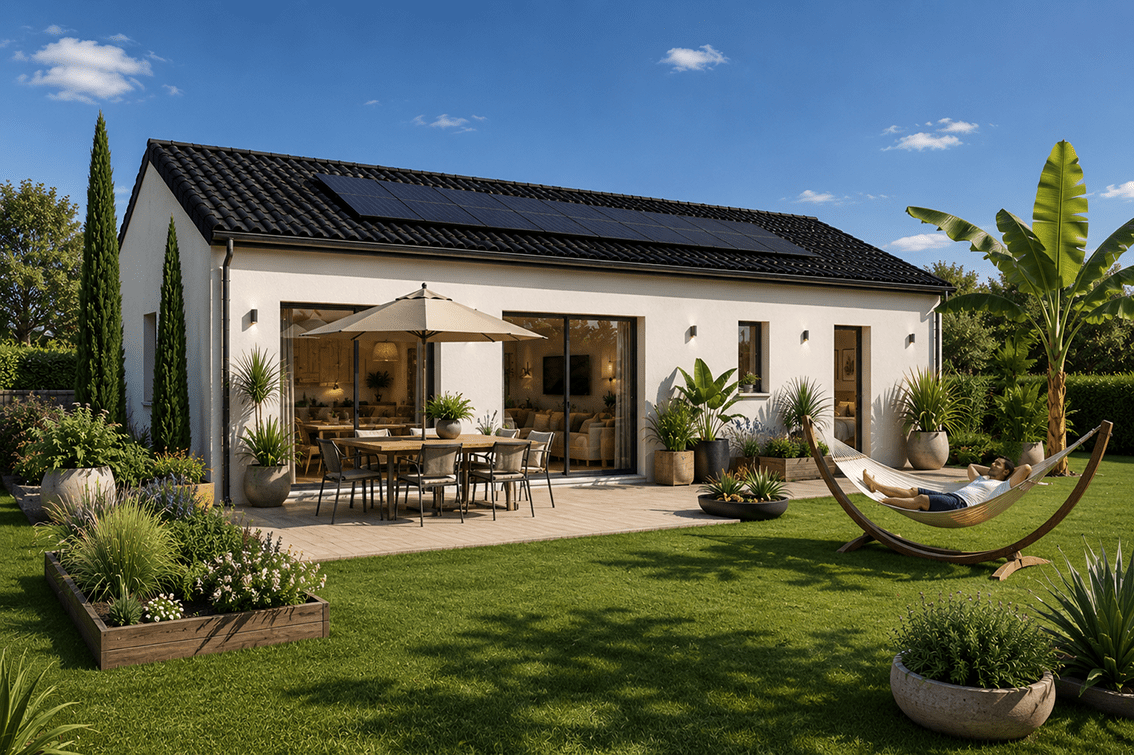 Modèle de maison POP !, 77 m2, toiture tuiles noires et panneaux solaires en surimpression