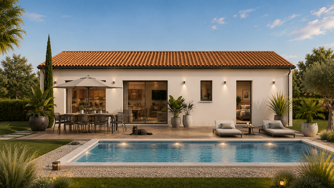 Modèle de maison POP !, 77 m2, toiture tuiles terre cuite. Vue arrière