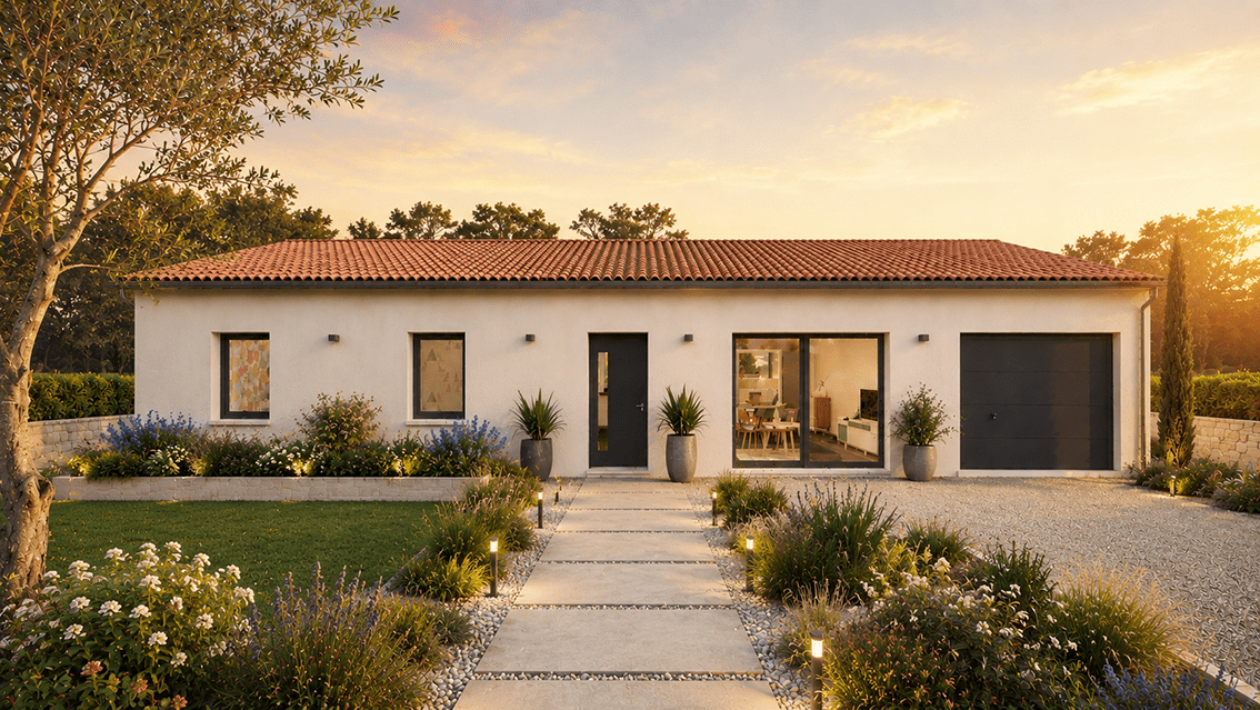 Maison POP 90 m2 avec garage intégré, toiture tuiles terre cuite. Vue façade avant en soirée