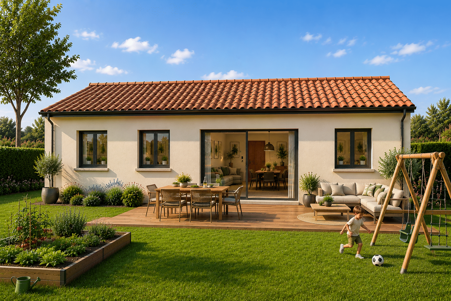 façade arrière du modèle de maison POP ! 80m2, toiture tuiles terre cuite