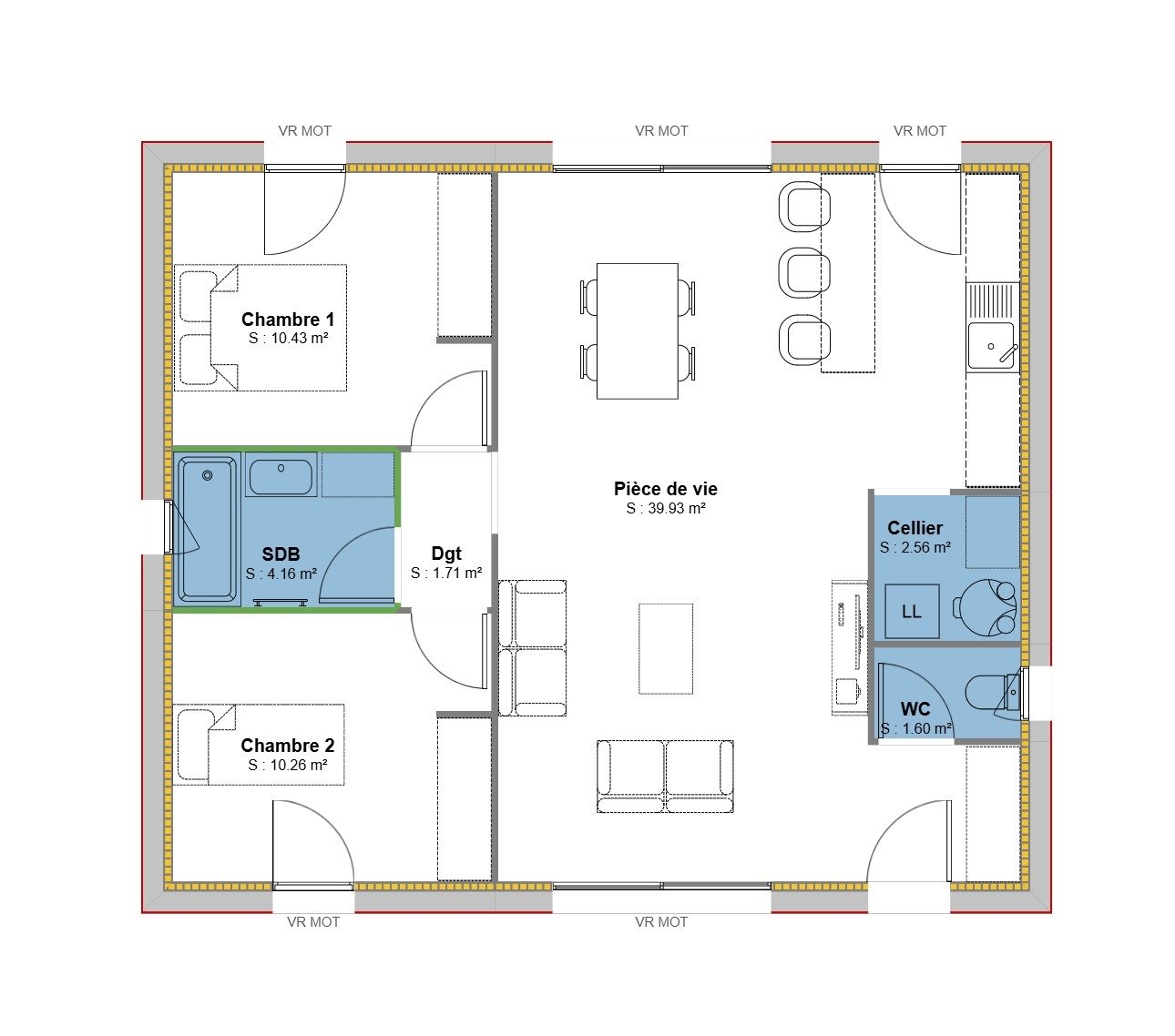 plan maison POP 70 m2 - 2 Chambres_ V2