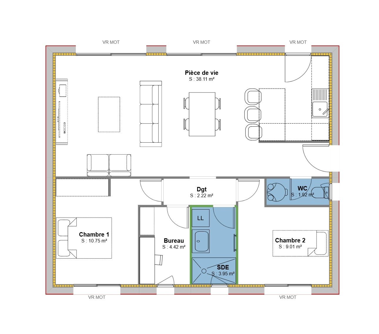 plan maison POP 70 m2 - 2 Chambres + bureau