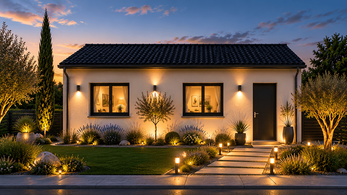 Modèle de maison POP ! 60, toiture tuiles noires. Façade avant. Vue de nuit avec éclairage extérieur allumé