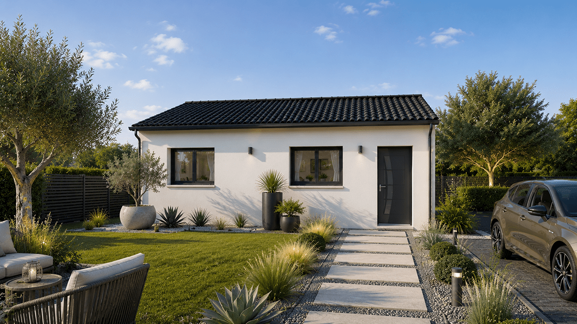 Modèle de maison POP ! 60, toiture tuiles noires. Façade avant. Voiture garé dans l'allée