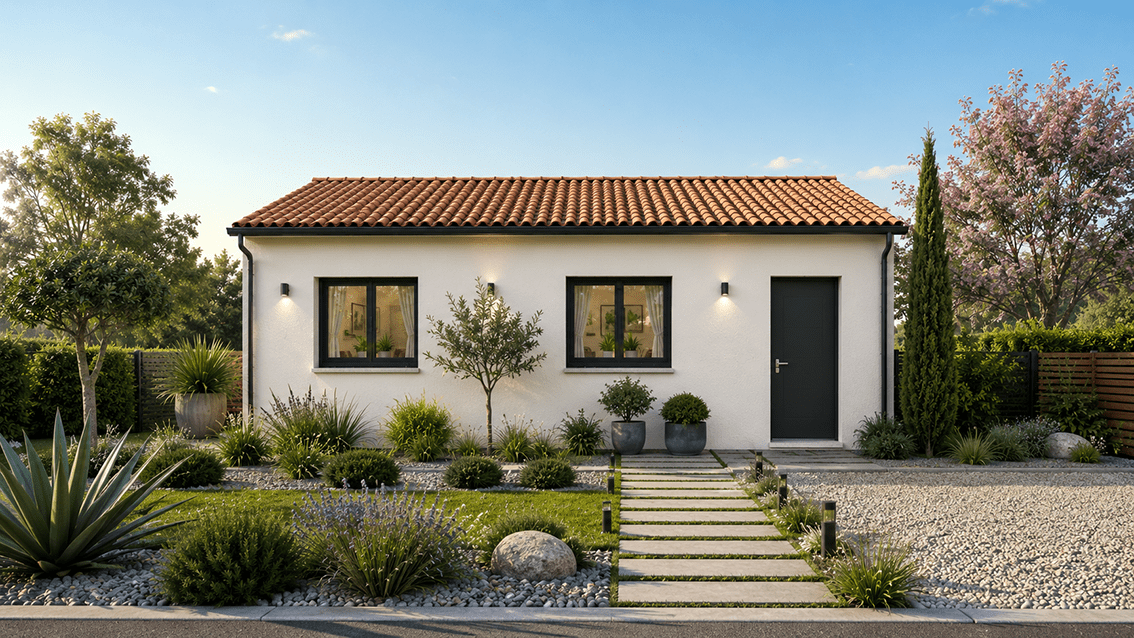 Modèle de maison POP ! 60, toiture tuiles terre terre cuite. Façade avant.