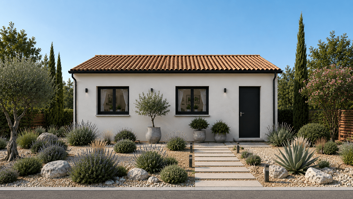 Modèle de maison POP ! 60, toiture tuiles terre cuite. Vue avant donnant sur la rue.