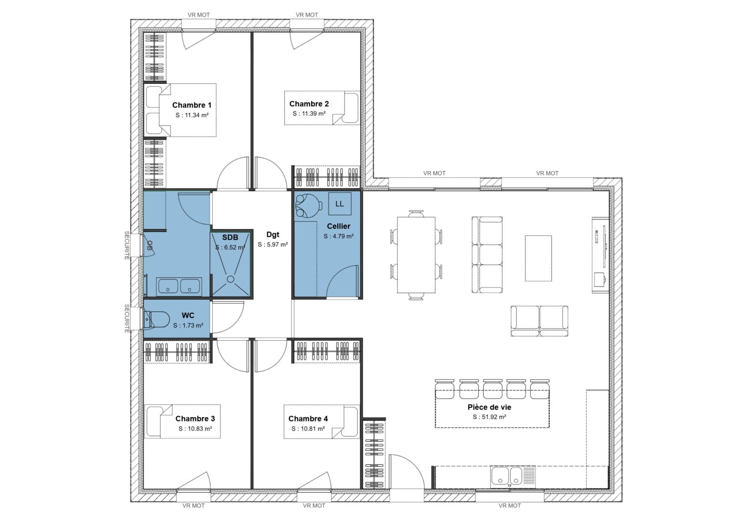 Modele de maison en L 115 m2 avec 4 chambres