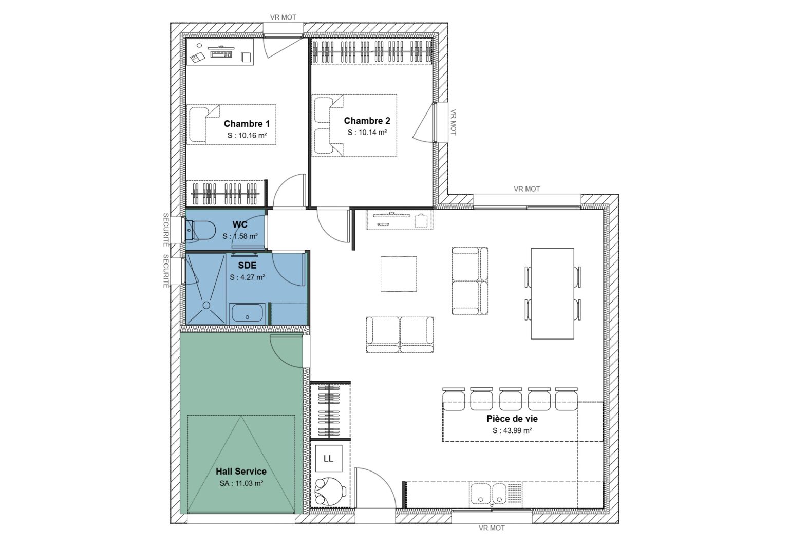 Modele de maison en L 70 m2 avec 2 chambres et hall service