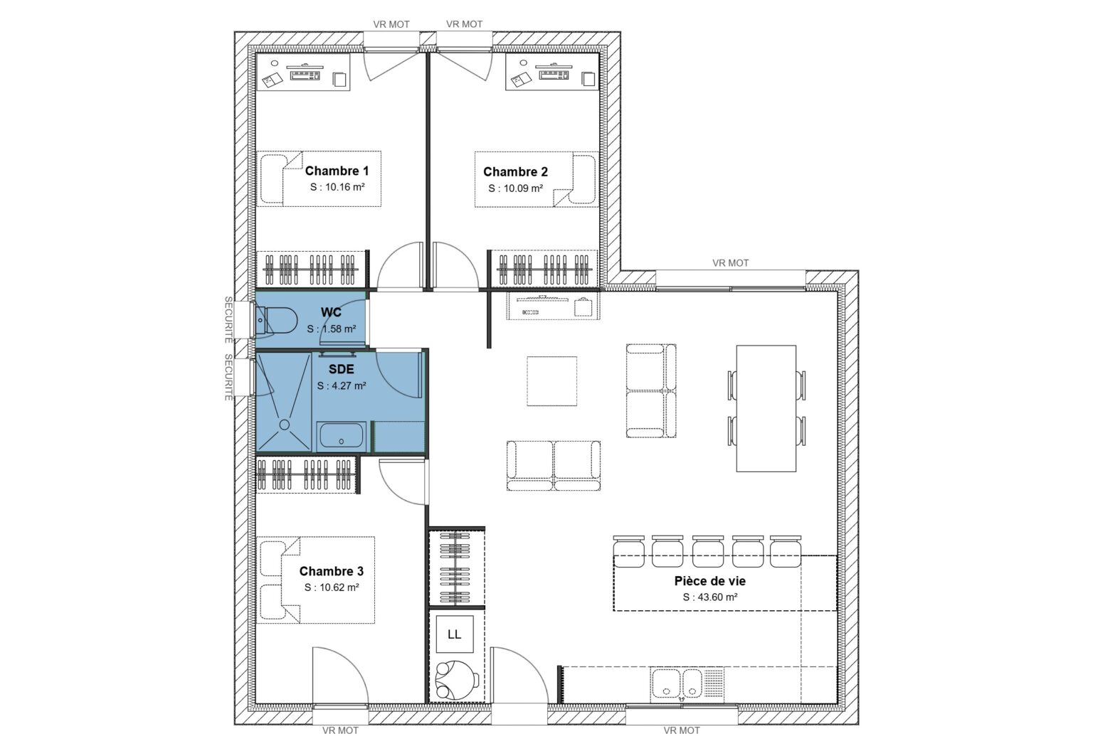 Modele de maison en L 80 m2 avec 3 chambres