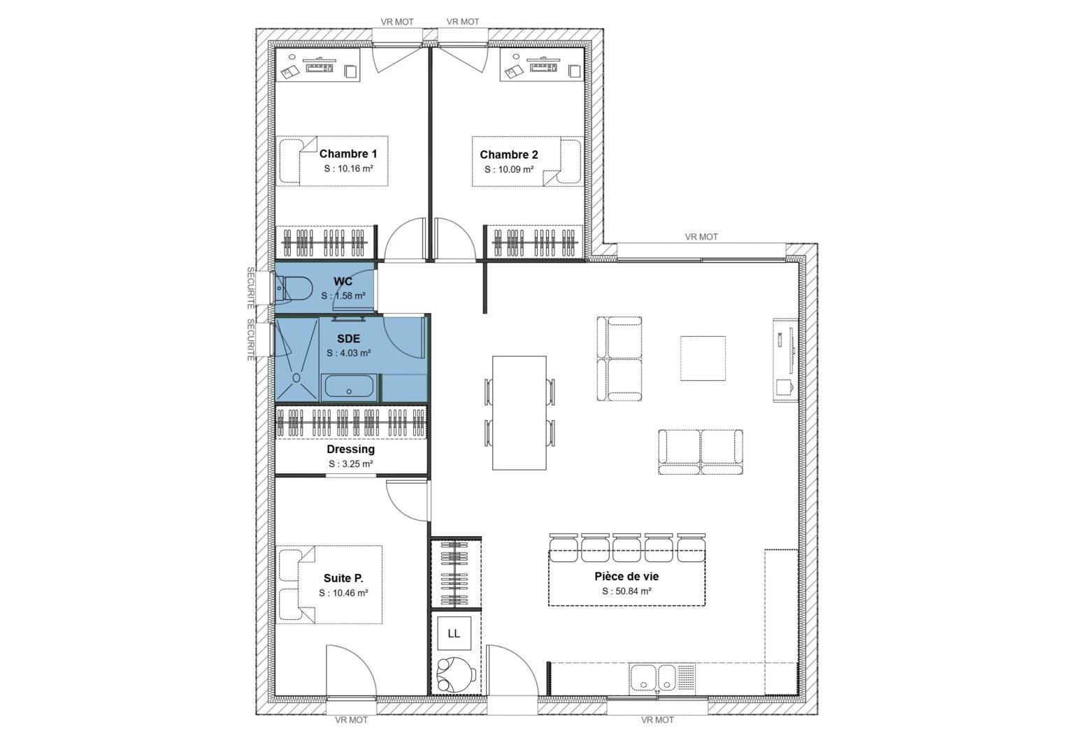 Modele de maison en L 90 m2 avec 2 chambres et une suite parentale