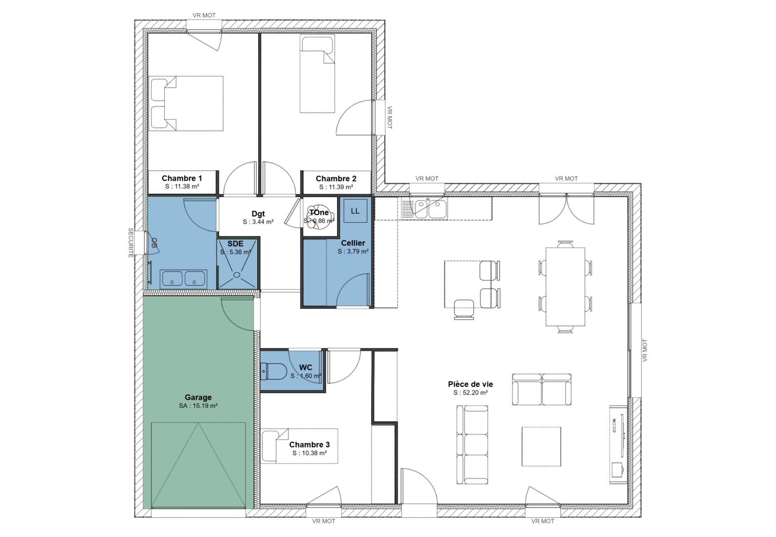 Modèle en L (Alizé) - 100 m2 - 3 chambres - Garage